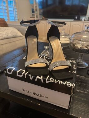 DIVA Lounge Black Rhinestone Ankle-Strap Heels
